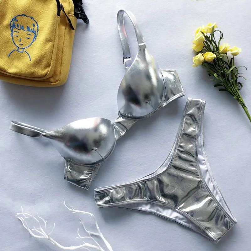 Shiny Metallic Silver Adjustable Bra And Panties on Luulla