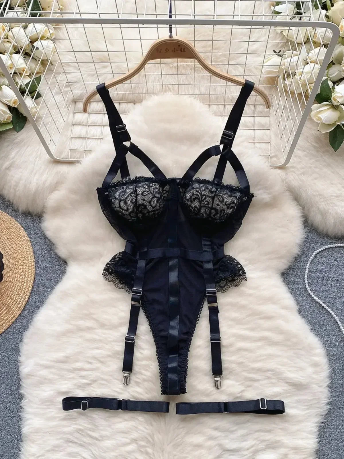 Black Lace Strappy Bowknot PU Sexy Tights Bodysuit