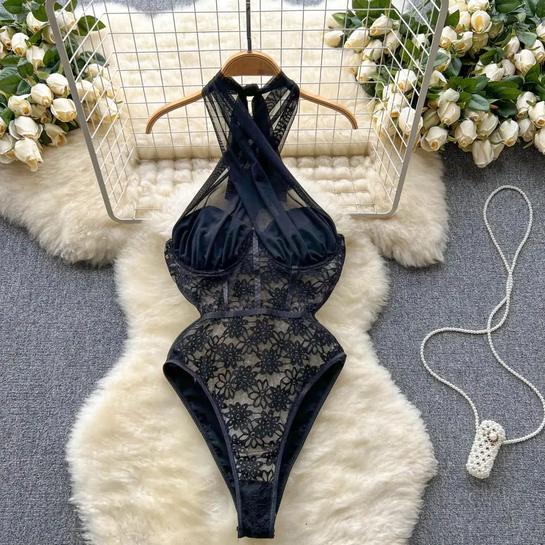 Scandal Plus Size Halter Lace Body Suit main image 1