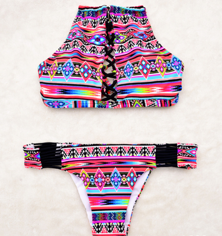 Bikini Split Push Up Chest Cross Two Tone