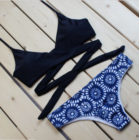 Fashion Black Cross And Totom Geometric Print Two Piece Bikini Black on ...